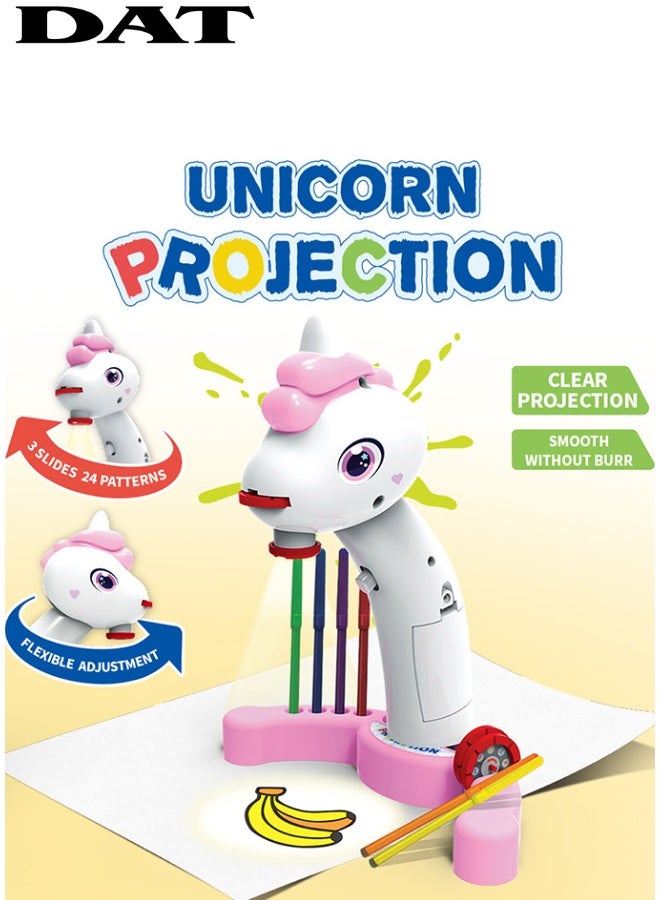 دي اي تي DAT Unicorn Projection طاولة رسم بإسقاط ضوئي للأطفال | إسقاط واضح + ضبط التركيز | 3 شرائح 24 نمط | أبيض/وردي | لعبة تتبّع ورسم (أعمار 3+) - Image 1