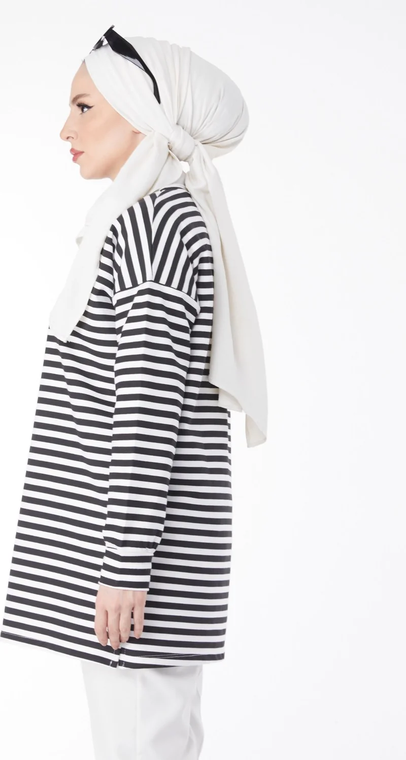 Tofisa Plain Crew Neck Women's White Long Sleeve Striped Tunic - 24658