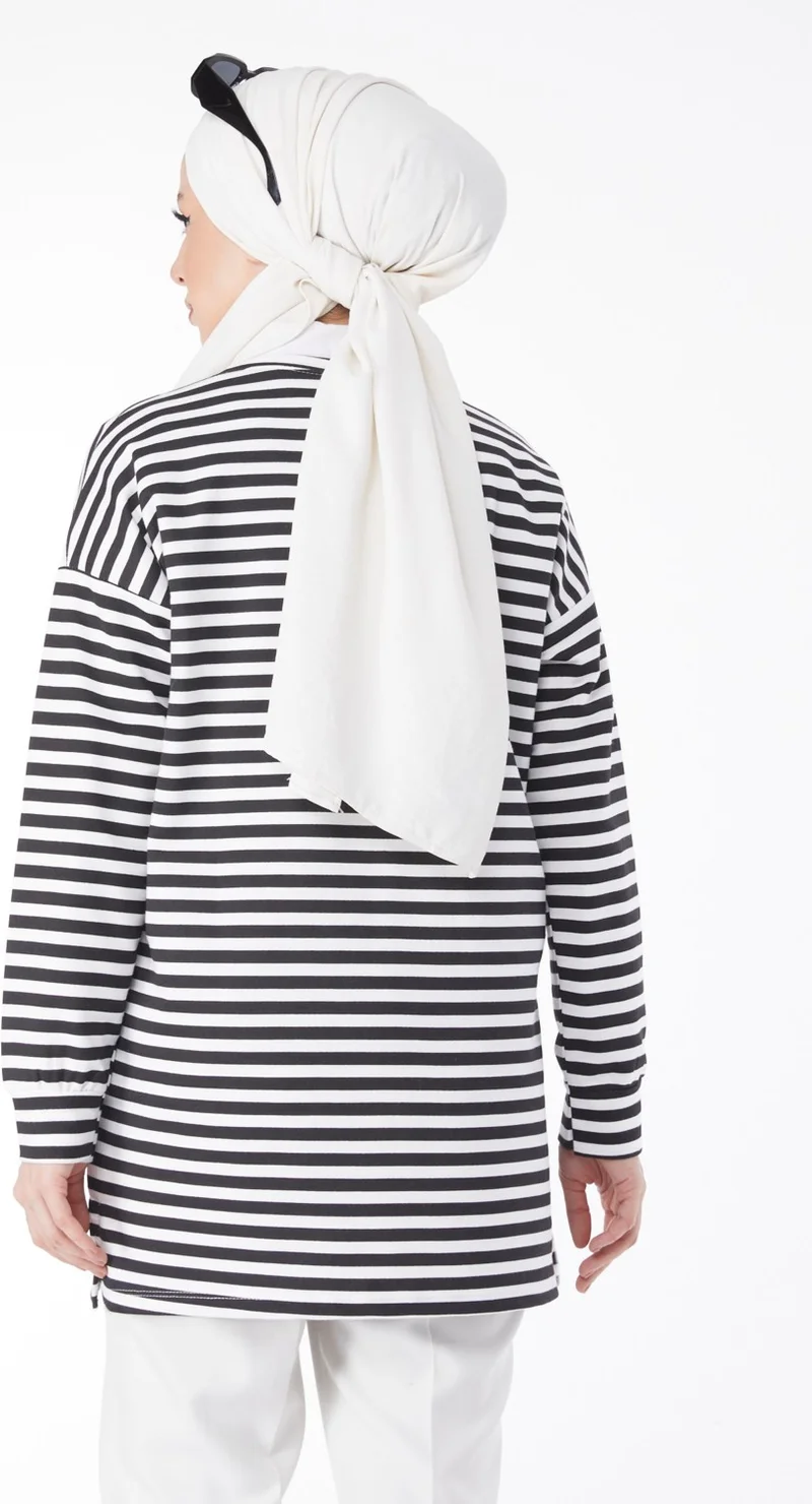Tofisa Plain Crew Neck Women's White Long Sleeve Striped Tunic - 24658