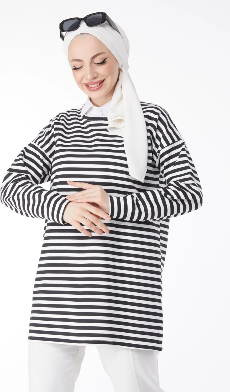 Tofisa Plain Crew Neck Women's White Long Sleeve Striped Tunic - 24658