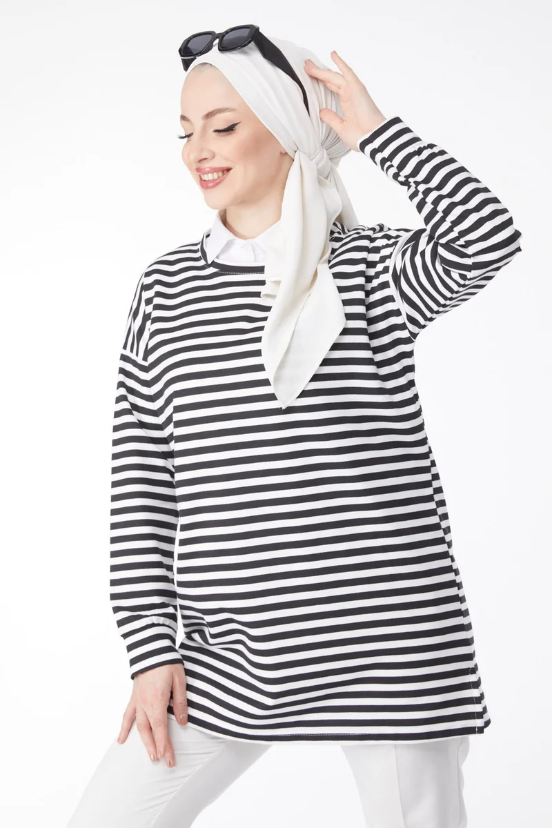 Tofisa Plain Crew Neck Women's White Long Sleeve Striped Tunic - 24658