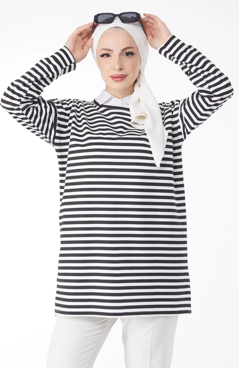 Tofisa Plain Crew Neck Women's White Long Sleeve Striped Tunic - 24658