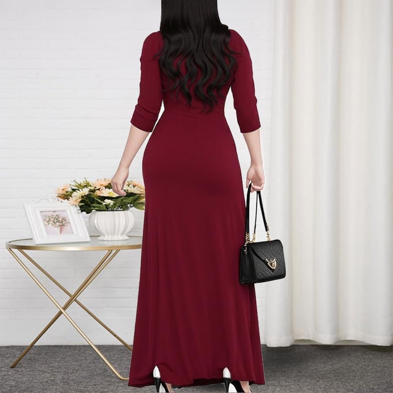CaniBtr Maxi Dress for Women Casual 3/4 Sleeve Wrap V Neck Plus Size Elegant Semi Formal Long Church Dress with Belt WineRed XL - Image 2