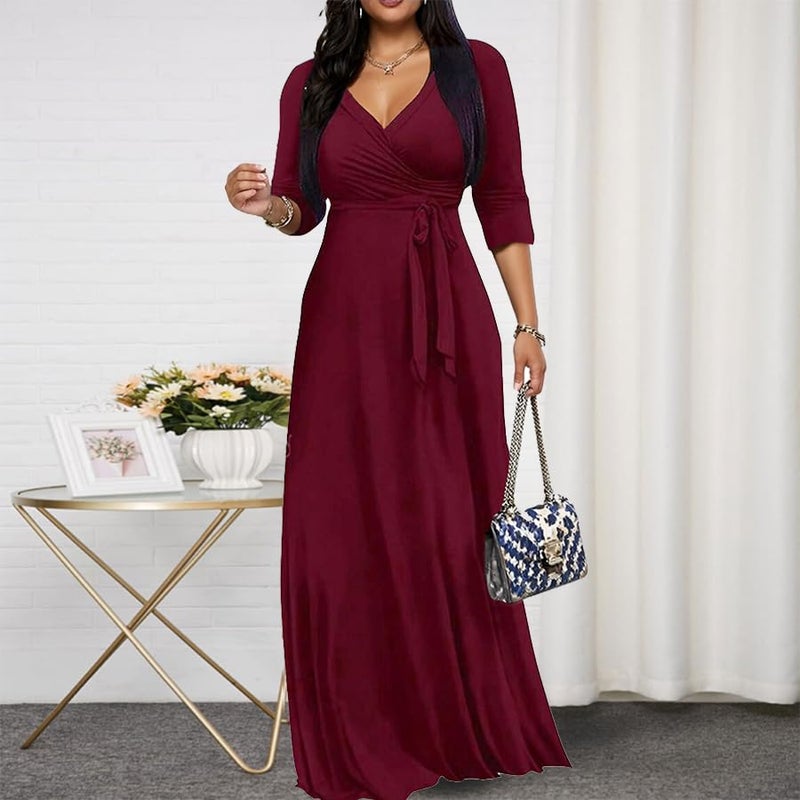 CaniBtr Maxi Dress for Women Casual 3/4 Sleeve Wrap V Neck Plus Size Elegant Semi Formal Long Church Dress with Belt WineRed XL - Image 1