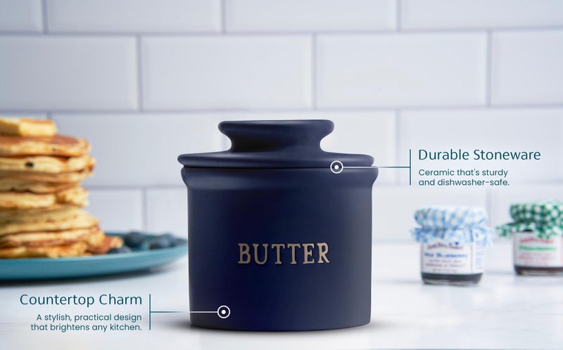 Kook وعاء زبدة كوك مع غطاء، زبدة ناعمة قابلة للدهن، حافظة زبدة فرنسية خزفية لتركها على المنضدة مع خط الماء، طبق زبدة، ديكور منزلي ومطبخي، مثالي كهدية عيد الميلاد (كحلي) - Image 4