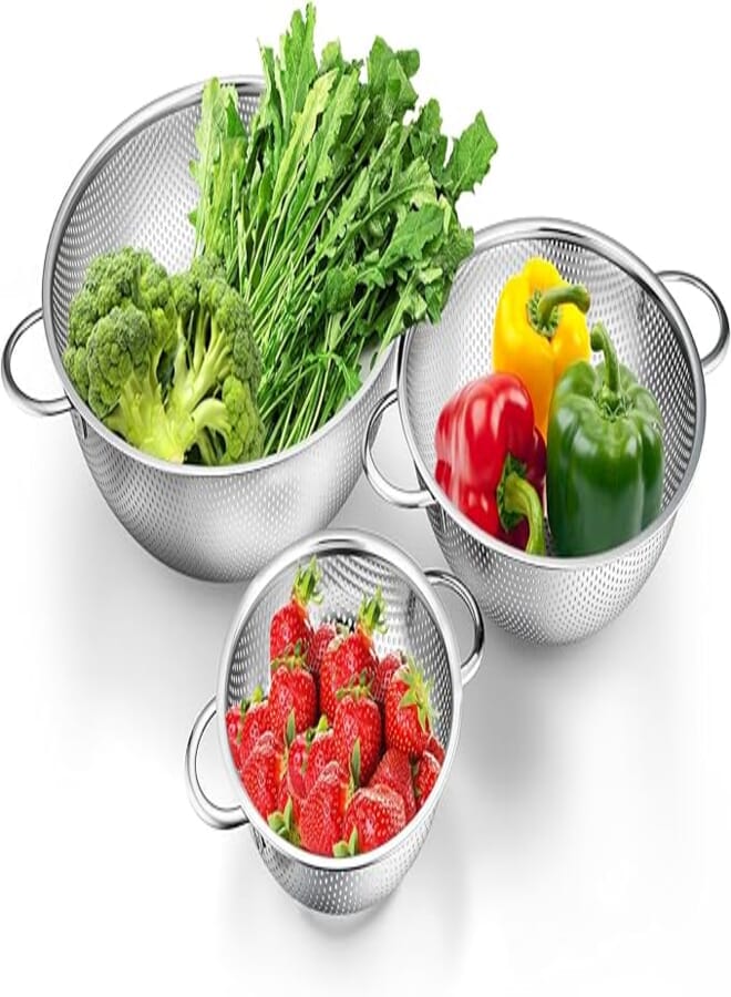 TeamFar Colander Set of 3, Stainless Steel Perforated Metal Colander Strainer with Handles for Spaghetti, Pasta, Berry, Rust Free & Dishwasher Safe - 1/3/5-quart