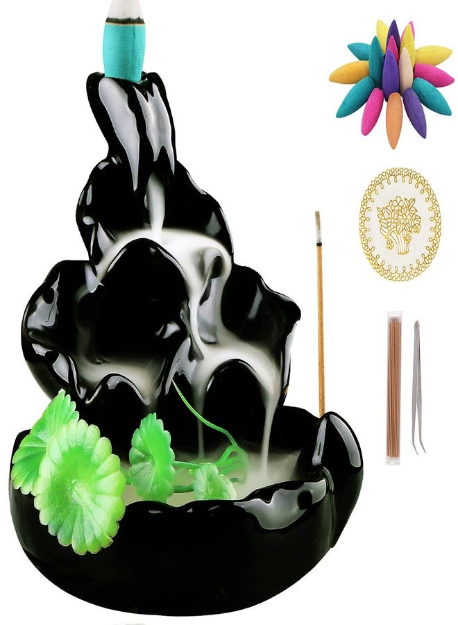 Ivenf Backflow Incense Burner, Back Flowing Incense Holder, Waterfall Incense Burner with 40 Cones, 40 Incense Sticks for Home Decoration, Ceramic Censer, Black - Image 1