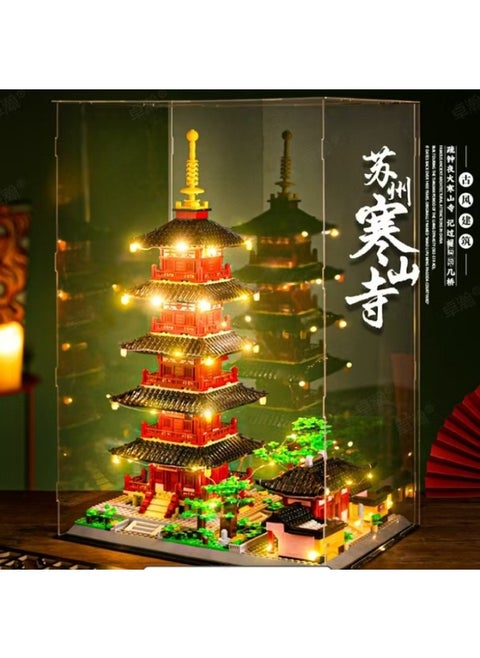 High Transparent Acrylic Display Box Cartoon Hand-made Building Blocks Blind Box Car Model Building Street View Storage Dust Cover Box-Color:WG6235 Acrylic Cover: Hanshan Temple (Puming Pagoda), Suzhou, Jiangsu, China (excluding Building Blocks And Light Strings)