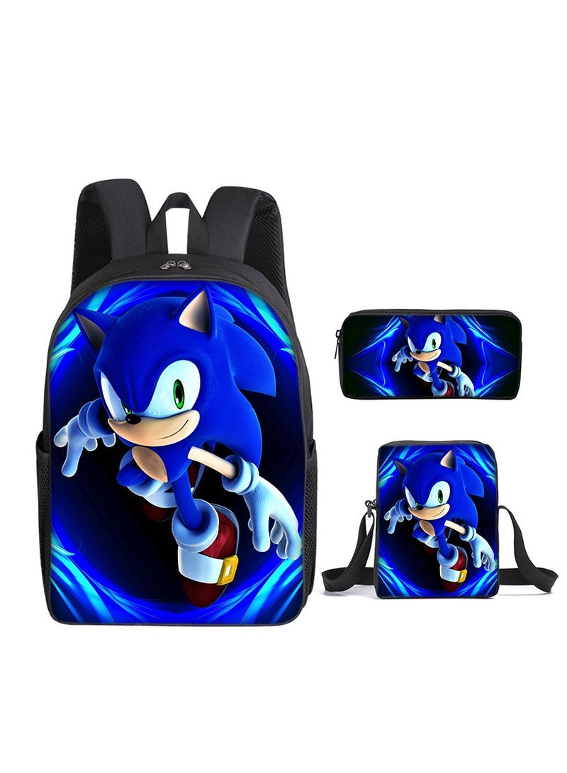 Sonic student large capacity backpack three piece set, anime cartoon backpack, shoulder bag pen bag