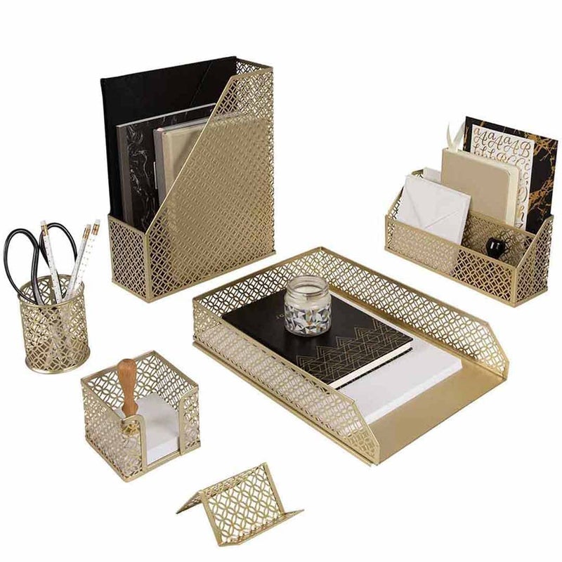 BLU MONACO Gold Desk Organizer Set - Mail Sorter, Sticky Note Holder, Pen Cup, Magazine Holder, Letter Tray & Business Card Holder - Pink Office Decor - Image 1