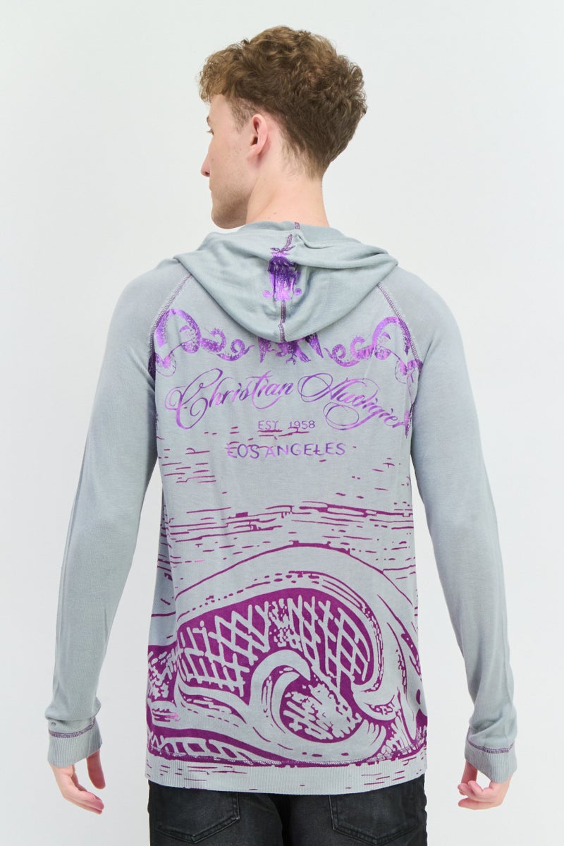 Ed Hardy سويت شيرت بغطاء رأس بأكمام طويلة للرجال بطباعة جرافيك، رمادي - Image 2