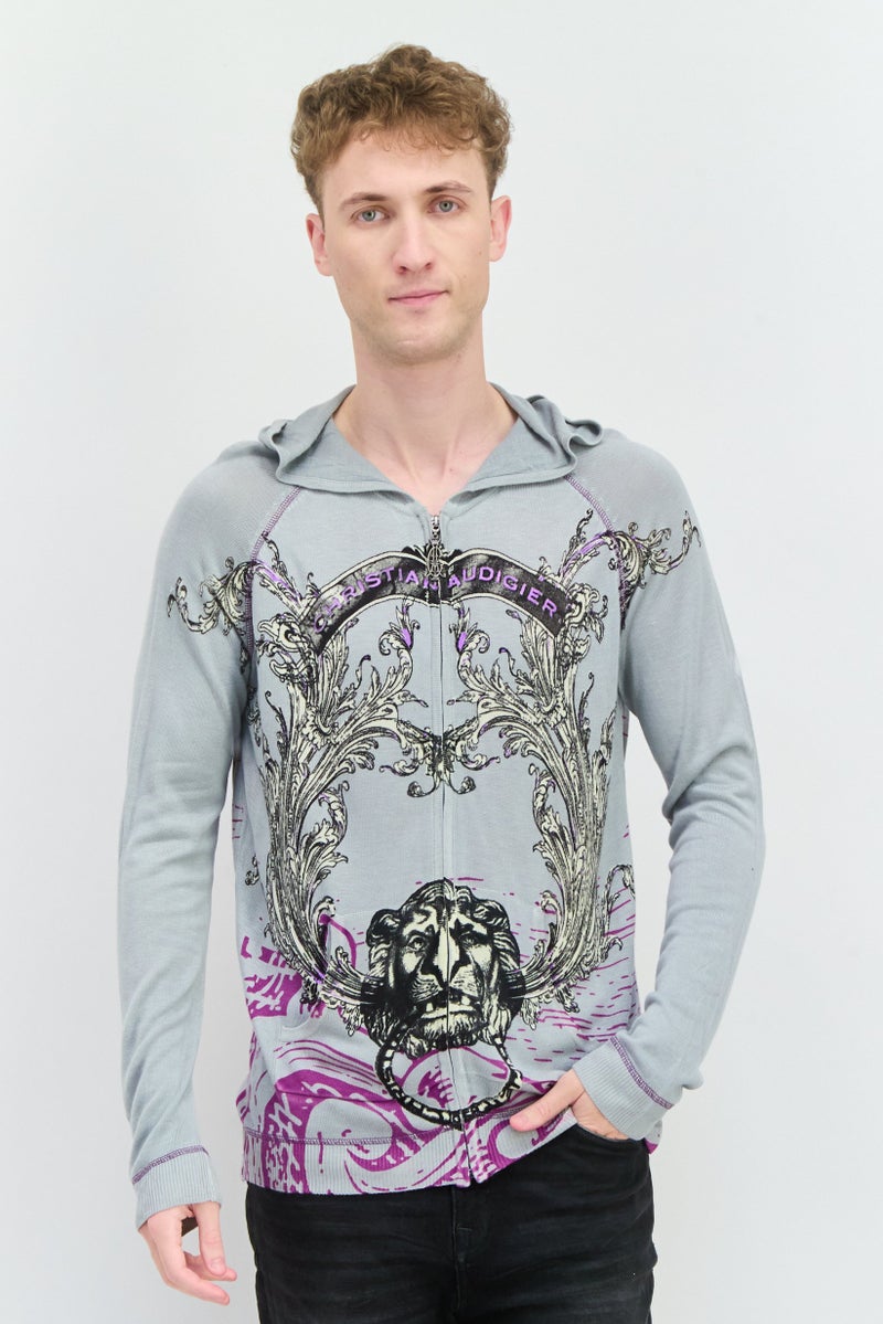 Ed Hardy سويت شيرت بغطاء رأس بأكمام طويلة للرجال بطباعة جرافيك، رمادي - Image 1