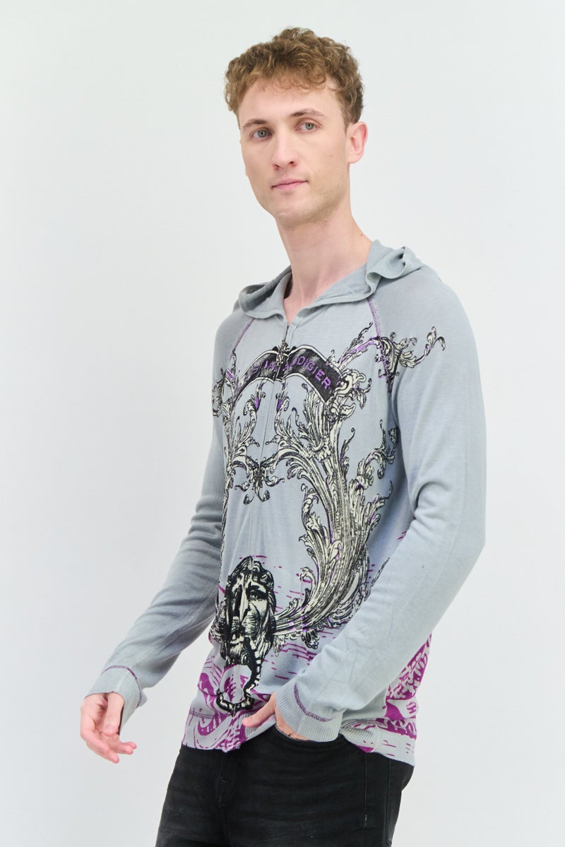 Ed Hardy سويت شيرت بغطاء رأس بأكمام طويلة للرجال بطباعة جرافيك، رمادي - Image 4