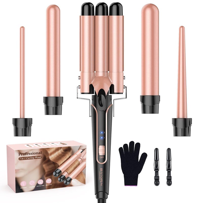 BESTOPE PRO Waver Curling Iron Wand, BESTOPE PRO 5 in 1 Curling Wand Set with 3 Barrel Hair Crimper for Women, Fast Heating Hair Wand Curler in All Hair Type - Image 1