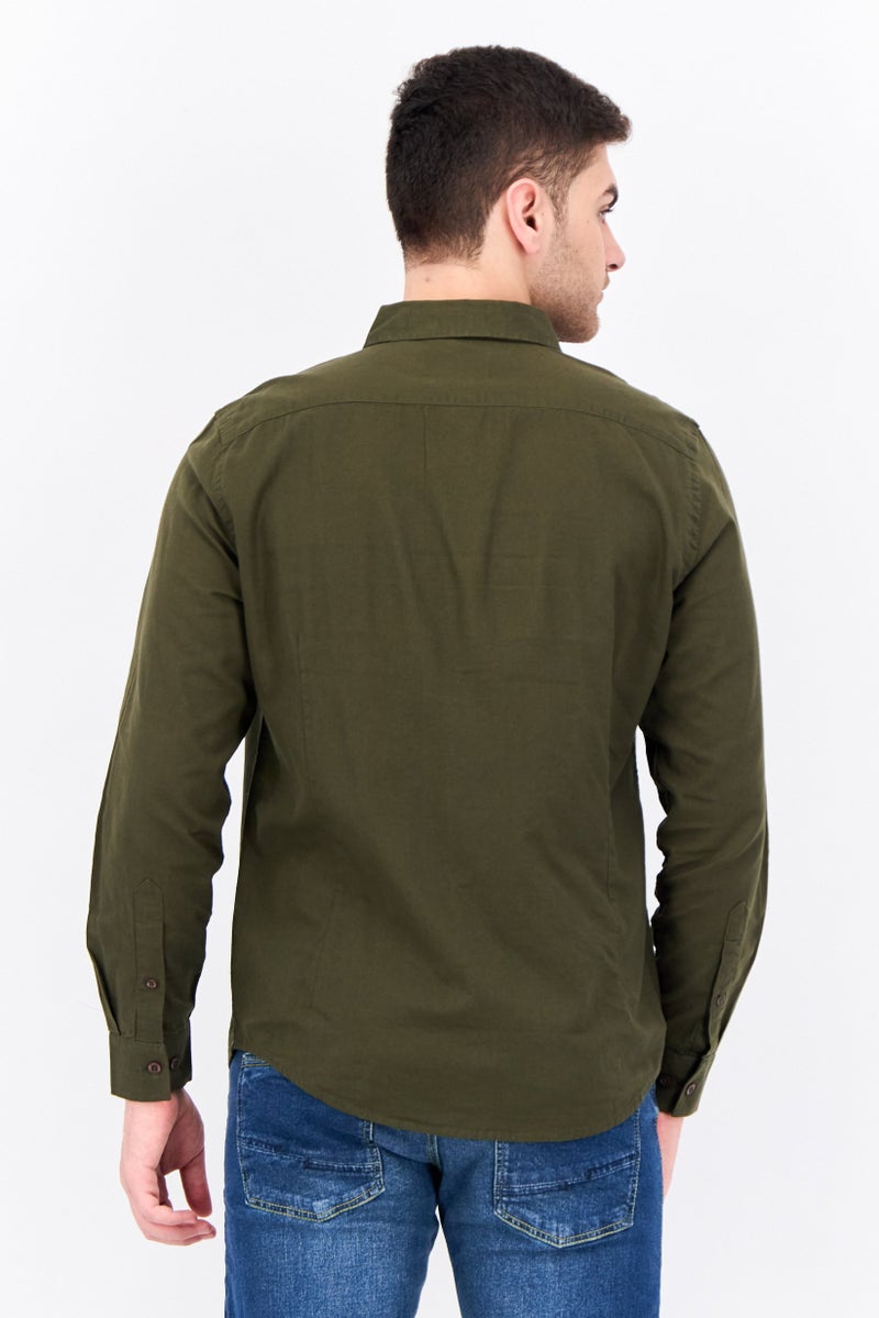 Algspar Men Regular Fit Plain Long Sleeves Casual Shirt, Dark Green - Image 3