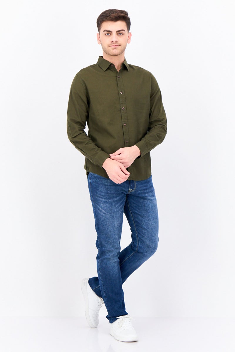 Algspar Men Regular Fit Plain Long Sleeves Casual Shirt, Dark Green - Image 4