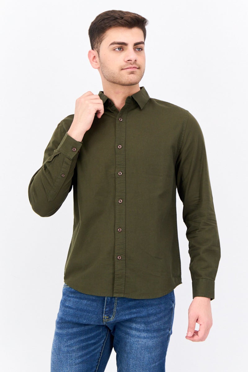 Algspar Men Regular Fit Plain Long Sleeves Casual Shirt, Dark Green - Image 1
