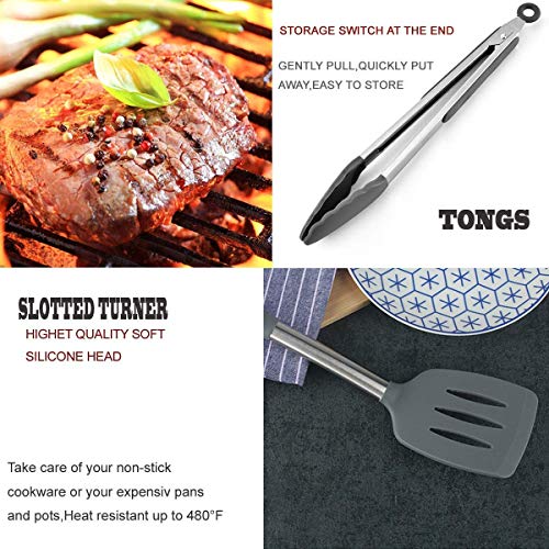 BECBOLDF Silicone Kitchen Cooking Utensils Set with Stainless Steel Handle, Spatula Set Utensil Set, Cooking Utensil Set,Kitchen Tools Gadgets for Nonstick Cookware (11, Gray) - Image 3