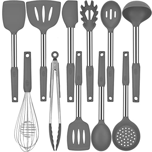 BECBOLDF Silicone Kitchen Cooking Utensils Set with Stainless Steel Handle, Spatula Set Utensil Set, Cooking Utensil Set,Kitchen Tools Gadgets for Nonstick Cookware (11, Gray) - Image 1