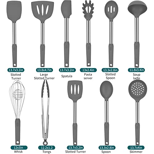 BECBOLDF Silicone Kitchen Cooking Utensils Set with Stainless Steel Handle, Spatula Set Utensil Set, Cooking Utensil Set,Kitchen Tools Gadgets for Nonstick Cookware (11, Gray) - Image 2