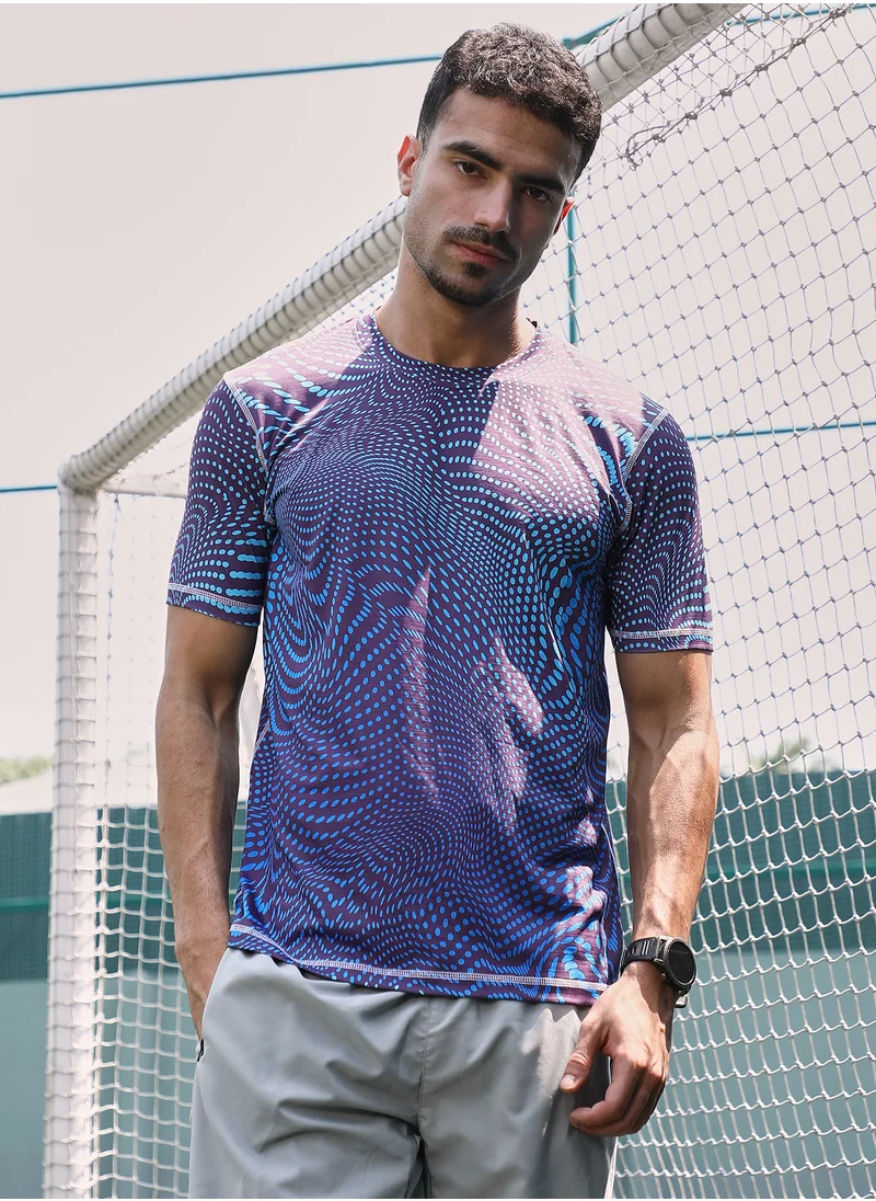 Campus Sutra Campus Sutra Men's Indigo Blue Polka-Swirl Activewear T-Shirt For Casual Wear | Crew Neck | Short Sleeves | Jersey T-Shirt Crafted With Comfort Fit For Everyday Wear