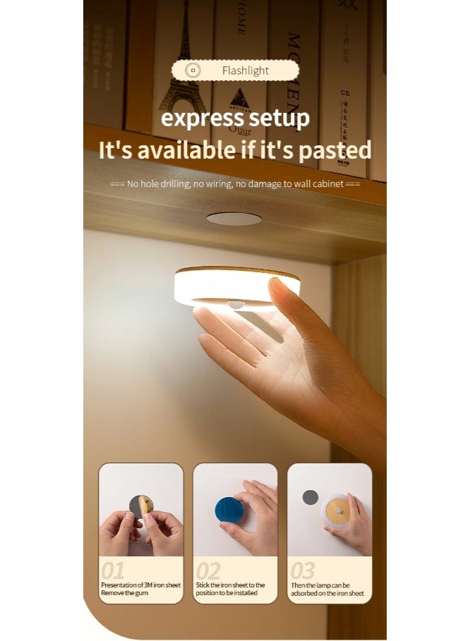 Induction Coin Lamp Usb Charging Motion sensor Smart Wardrobe closet Light wood (Warm White) - Image 4