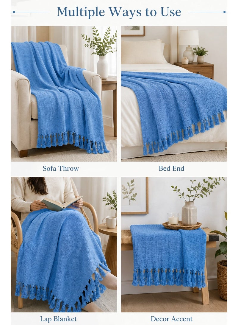 Woven Throw Blanket – 100% Cotton, 127 × 154 cm – Soft Lightweight Textured Blanket with Decorative Tassels for Sofa, Bed & Home Décor - Image 2