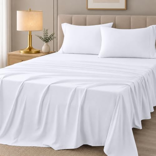 Bright Décor King Size Bedsheet - 1800 Series Hotel Luxury - Ultra Soft White Brushed Microfiber - Flat Sheet with 2 Pillow Cases – Wrinkle-Free, Fade Resistant Bedding for King Bed - Image 1
