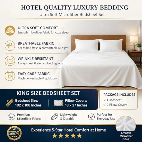 Bright Décor King Size Bedsheet - 1800 Series Hotel Luxury - Ultra Soft White Brushed Microfiber - Flat Sheet with 2 Pillow Cases – Wrinkle-Free, Fade Resistant Bedding for King Bed - Image 5