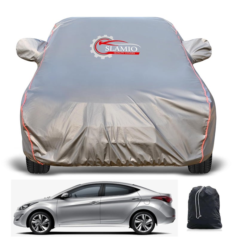 Slamio Heavy-Duty Car Body Cover for Hyundai's Elantra | Waterproof, Dustproof, UV Protection, Custom Fit, Heavy Belt & Buckle with Mirror & Antenna Pocket | Dark Grey - Image 1
