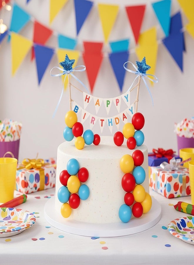 ForraFun 16 Pcs Happy Birthday Cake Topper Cake Bunting Topper Banner with Wood Pole Rainbow Garland with Bow Ribbon Balloon Cupcake Decor for Birthday Baby Shower (Lake Blue,Yellow,Red) - Image 3