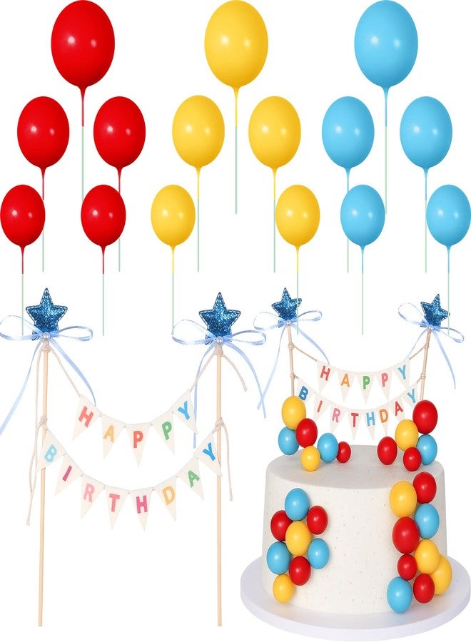ForraFun 16 Pcs Happy Birthday Cake Topper Cake Bunting Topper Banner with Wood Pole Rainbow Garland with Bow Ribbon Balloon Cupcake Decor for Birthday Baby Shower (Lake Blue,Yellow,Red) - Image 1