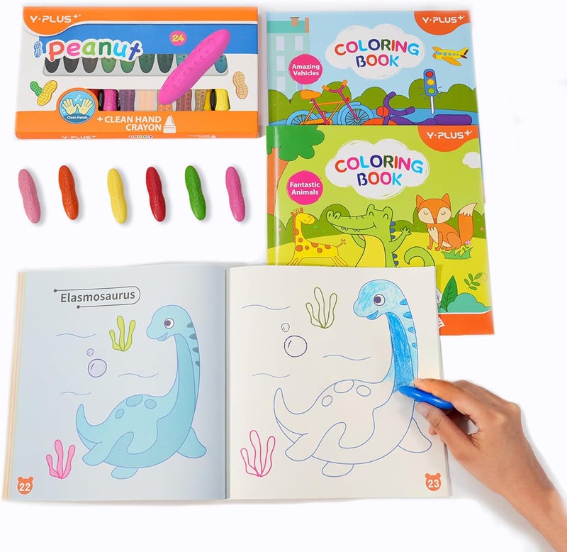 YPLUS 24 Colours Peanut Crayons with 3 Painting Books for Kids, Washable Toddler Crayon, 3 Themes Drawing Books, Non-Toxic Baby Crayons for ages 2-4, 1-3, 4-8, Coloring Art Supplies - Image 1