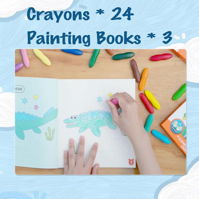 YPLUS 24 Colours Peanut Crayons with 3 Painting Books for Kids, Washable Toddler Crayon, 3 Themes Drawing Books, Non-Toxic Baby Crayons for ages 2-4, 1-3, 4-8, Coloring Art Supplies - Image 2