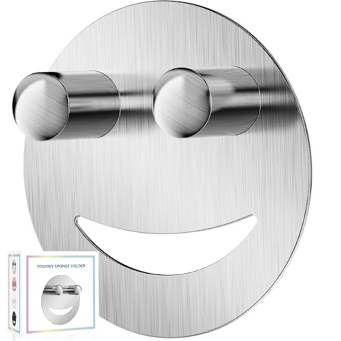 Yoshiky Stainless Steel Smiley Face Dish Sponge Holder, Silver Sink Caddy Organizer Storage with Suction Cup for Kitchen, Kitchen Sink Accessories Decor Scrubber Holder with Gift Box