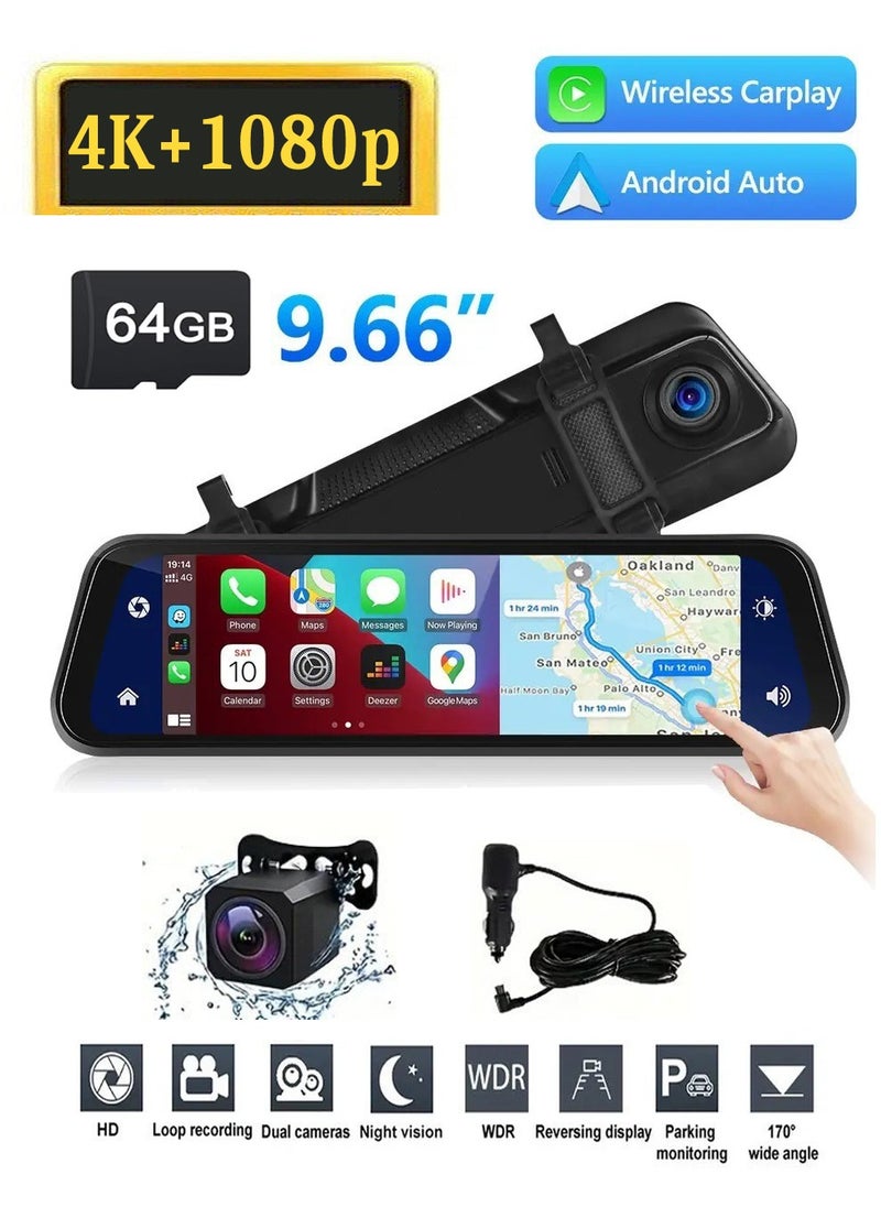 Bukela 4K Dash Cam, Front and Rear Car Camera, 9.66 inch Full Screen Carplay Streaming Media Rearview Mirror Driving Recorder, WIFI Front and Rear Dual Recording HD Night Vision  - Image 1