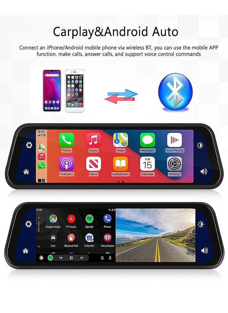 Bukela 4K Dash Cam, Front and Rear Car Camera, 9.66 inch Full Screen Carplay Streaming Media Rearview Mirror Driving Recorder, WIFI Front and Rear Dual Recording HD Night Vision  - Image 3