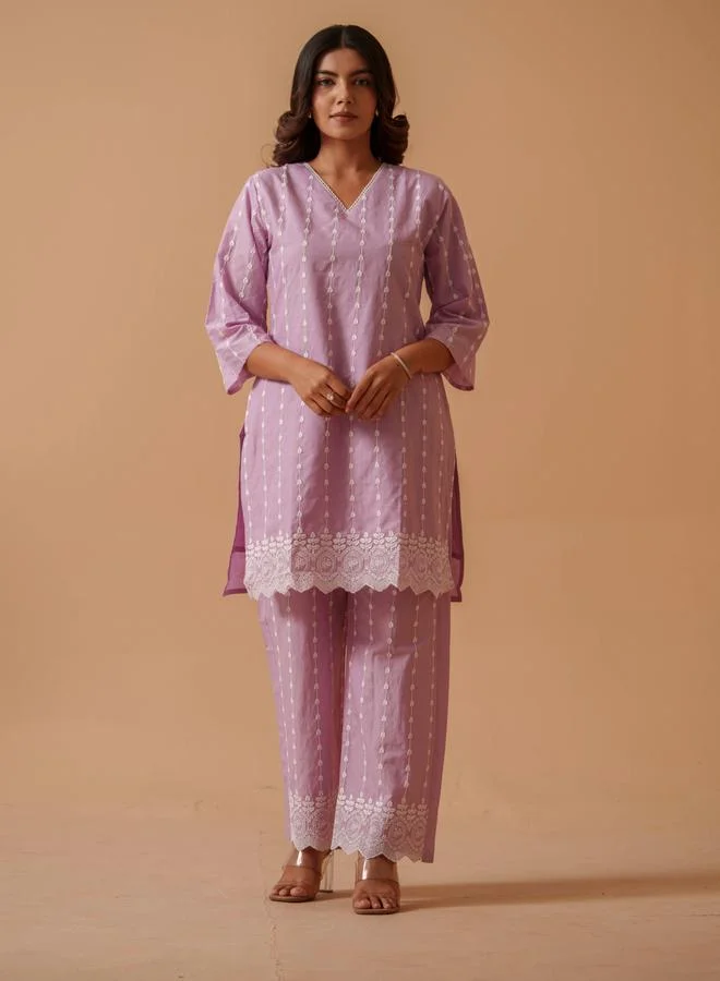 دي دبليو DW Purple Embroidered Pure Cotton Tunic and Palazzo Co-Ords