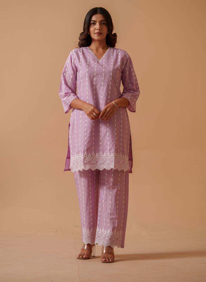 دي دبليو تونيك بالازو قطن خالص مطرز بنفسجي - Image 1