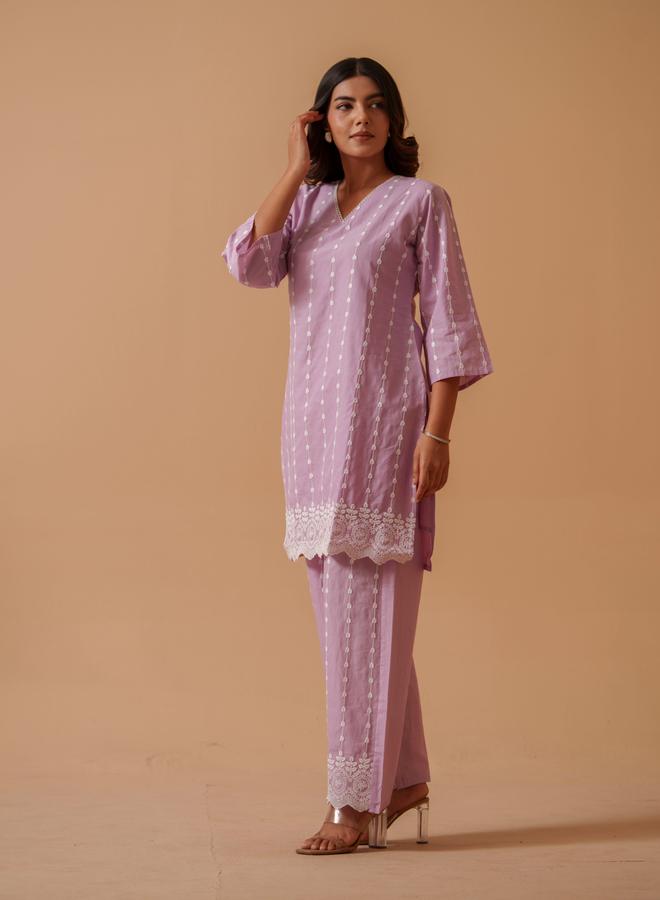 دي دبليو تونيك بالازو قطن خالص مطرز بنفسجي - Image 4