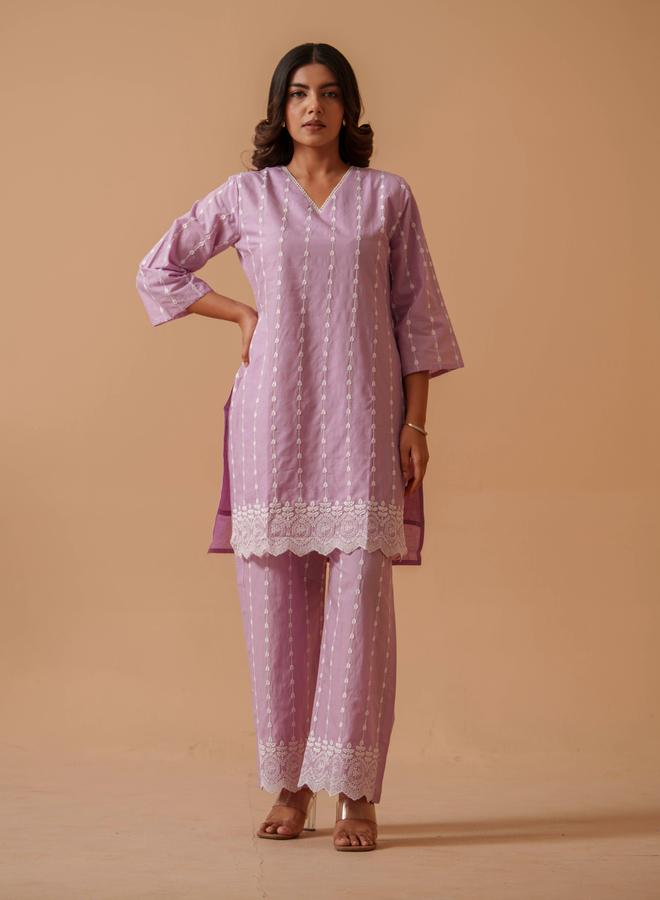 دي دبليو تونيك بالازو قطن خالص مطرز بنفسجي - Image 5