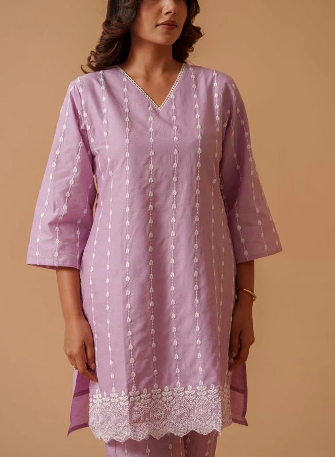 دي دبليو DW Purple Embroidered Pure Cotton Tunic and Palazzo Co-Ords