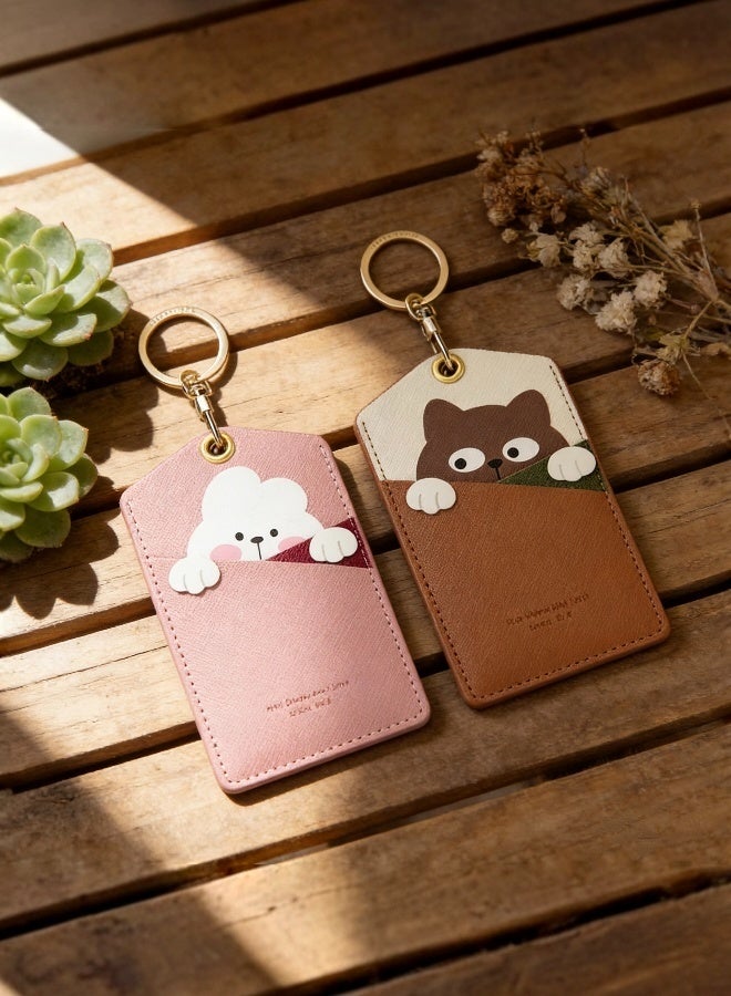 2 Pieces of PU Leather ID Badge Holder with Keychain  Cartoon Animal Design 3 Card Slots for Professionals Students Office and School Accessories Brown Cat and Pink Rabbit - Image 4