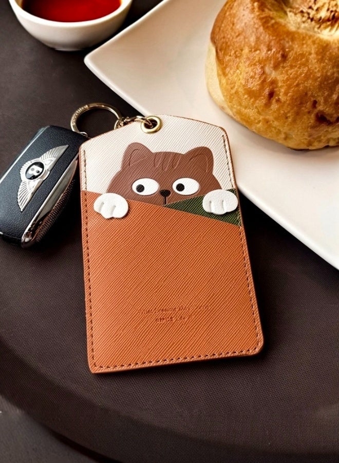 2 Pieces of PU Leather ID Badge Holder with Keychain  Cartoon Animal Design 3 Card Slots for Professionals Students Office and School Accessories Brown Cat and Pink Rabbit - Image 3