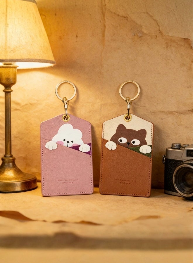 2 Pieces of PU Leather ID Badge Holder with Keychain  Cartoon Animal Design 3 Card Slots for Professionals Students Office and School Accessories Brown Cat and Pink Rabbit - Image 5