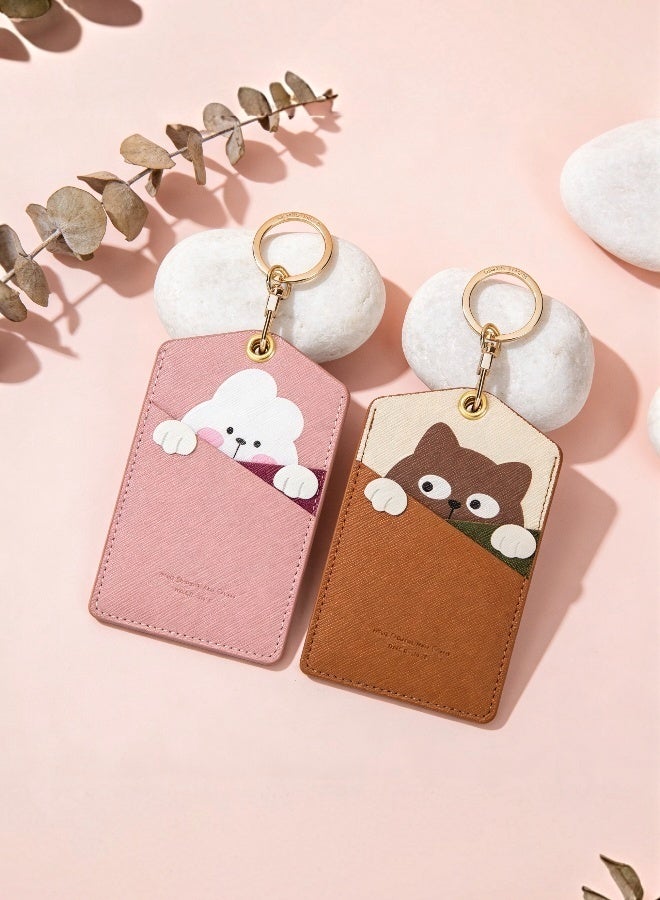 2 Pieces of PU Leather ID Badge Holder with Keychain  Cartoon Animal Design 3 Card Slots for Professionals Students Office and School Accessories Brown Cat and Pink Rabbit - Image 2