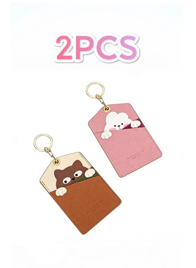 2 Pieces of PU Leather ID Badge Holder with Keychain  Cartoon Animal Design 3 Card Slots for Professionals Students Office and School Accessories Brown Cat and Pink Rabbit - Image 1