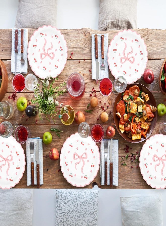 Whaline 40Pcs Pink Bow Paper Plates 9 Inch Scalloped Bowknot Cherry Plates Bow Heart Disposable Dessert Cake Plate For Bachelorette Bridal Engagement Wedding Birthday Baby Shower Party Supplies - Image 5