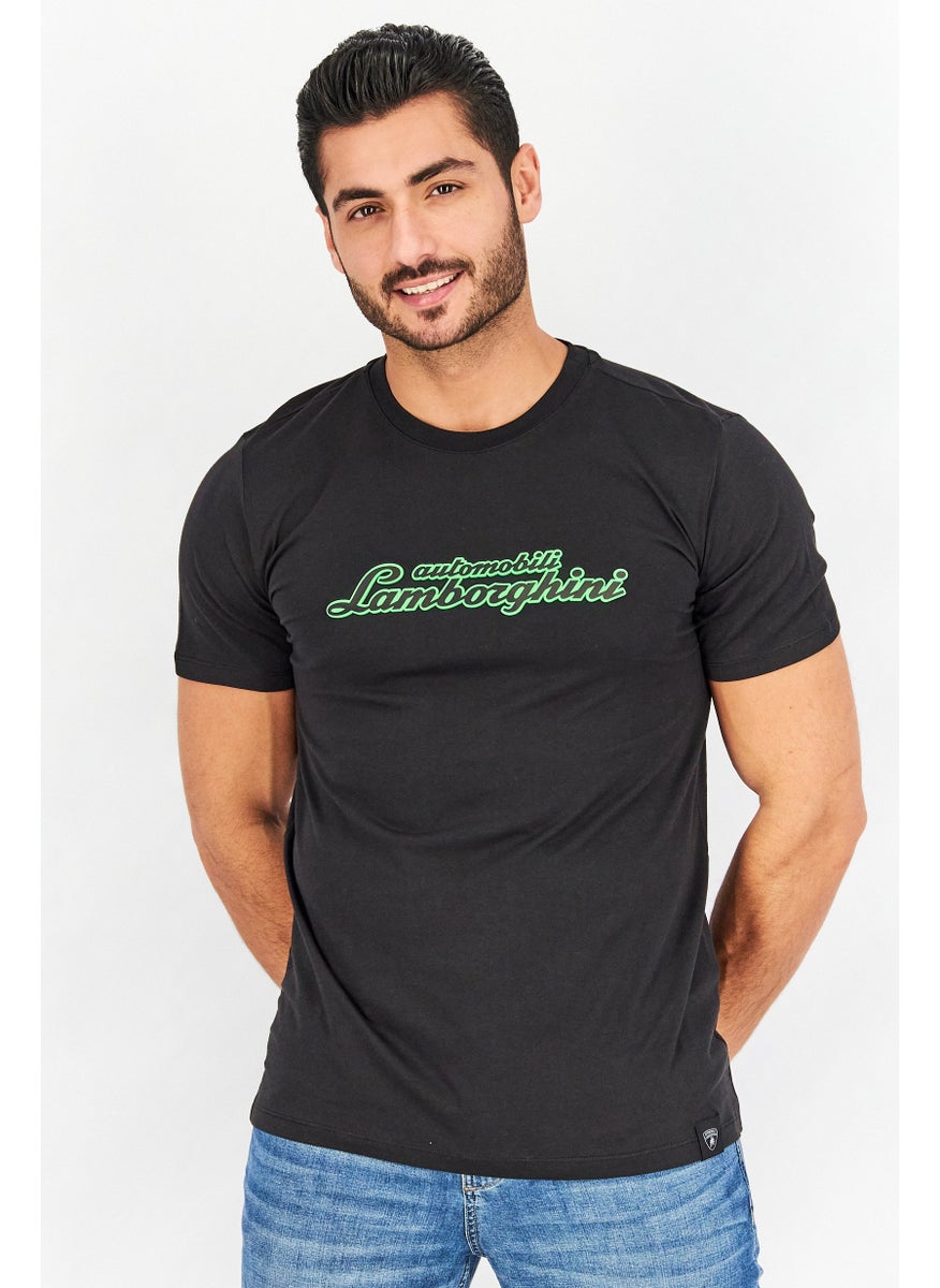 LAMBORGHINI Men Crew Neck Short Sleeves Embossed Graphic T-Shirt, Black  - Image 1