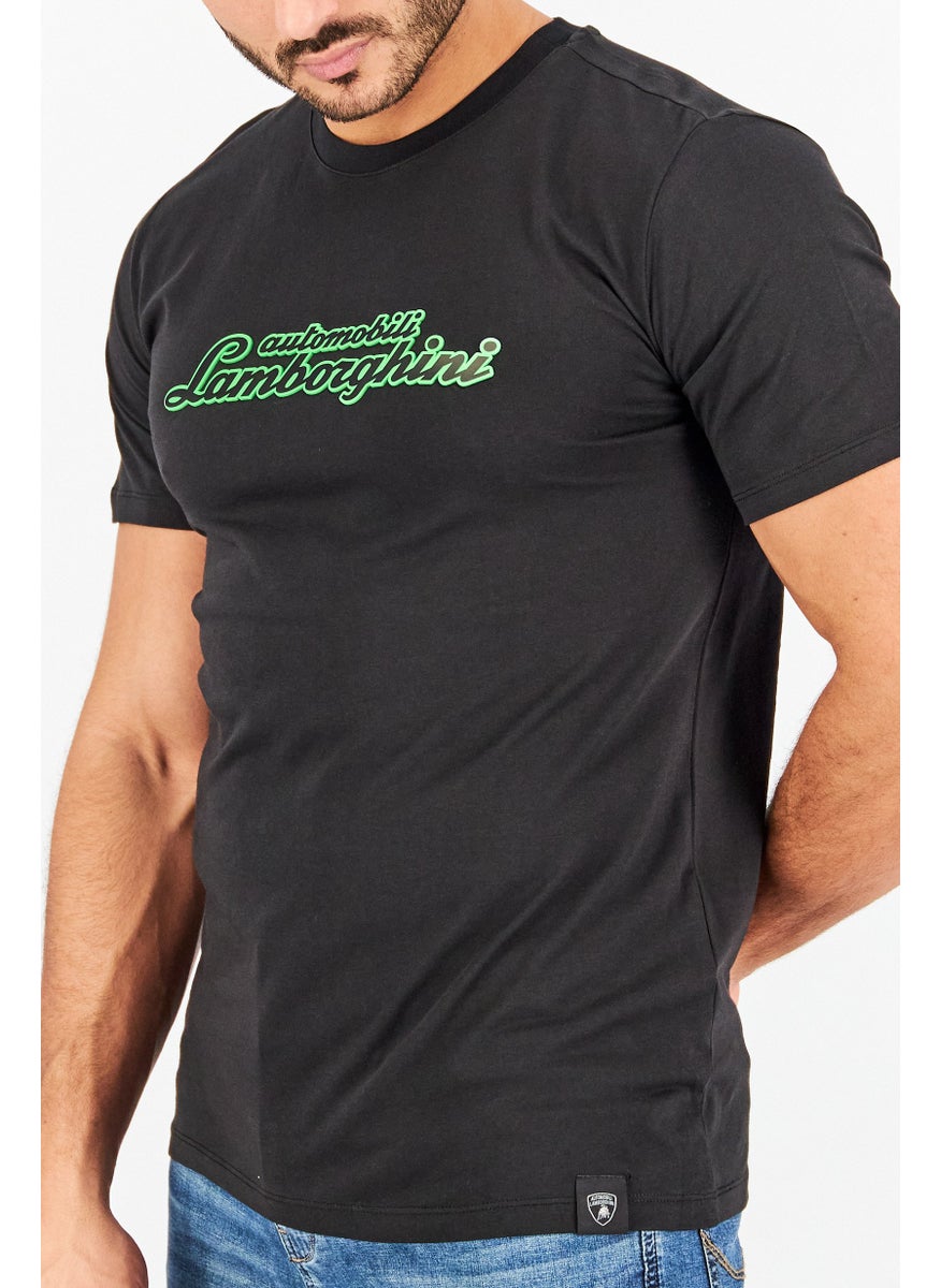 LAMBORGHINI Men Crew Neck Short Sleeves Embossed Graphic T-Shirt, Black  - Image 3